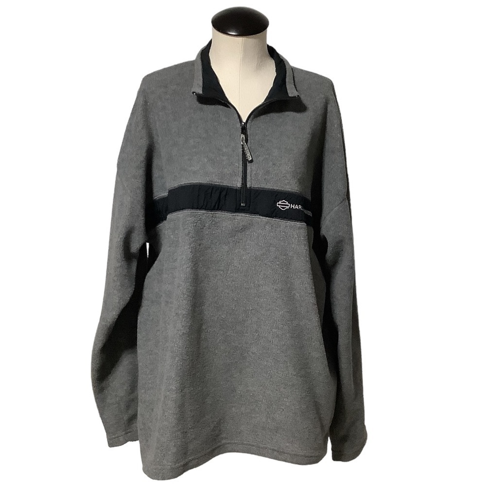 HARLEY-DAVIDSON 1/4 Zip Fleece Pullover Logo Graphic Sweater Gray Size L